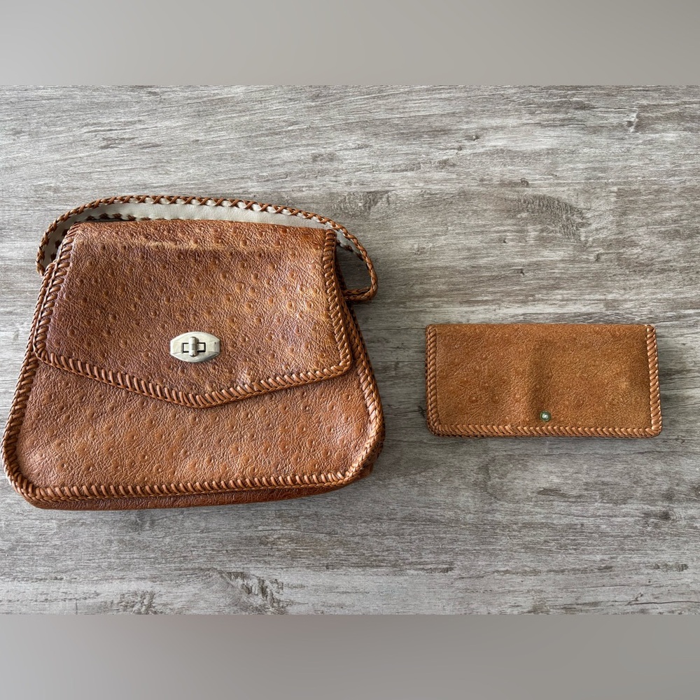 Vintage Handbag Wallet Set Top Handle Bag Tan Embossed 70s Western Boho Cowgirl